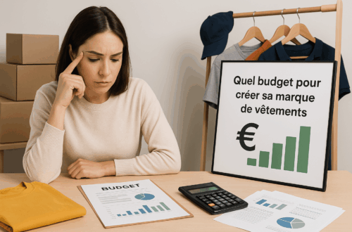 Femme calculant le budget nécessaire pour créer sa marque de vêtements avec une calculatrice, des graphiques et des tee-shirts.