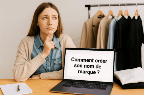 Femme pensive devant un ordinateur portable affichant la question Comment créer son nom de marque, avec vêtements en arrière-plan.