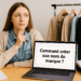 Femme pensive devant un ordinateur portable affichant la question Comment créer son nom de marque, avec vêtements en arrière-plan.