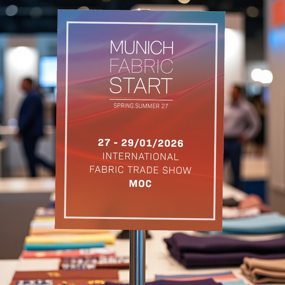 Photo officielle du salon Munich Fabric Start, stands de tissus et visiteurs à Munich