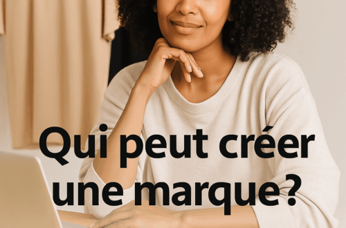 Entrepreneuse souriante devant un ordinateur portable avec la question Qui peut créer une marque affichée sur l’image.