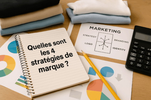 Carnet de notes ouvert avec la question Quelles sont les 4 stratégies de marque, entouré de graphiques marketing et d’outils de travail.