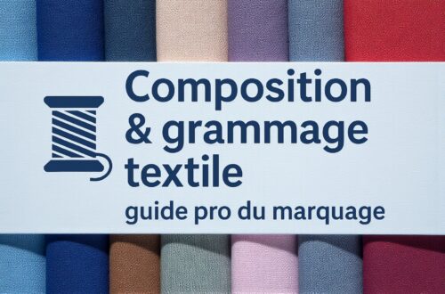 Image représentant la composition et le grammage textile, guide professionnel du marquage sur fond bleu clair.
