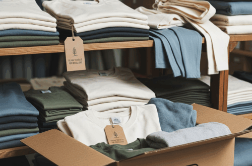 Piles de t-shirts et pulls textiles vierges pour revendeurs en couleurs naturelles, disposés sur des étagères et dans une boîte de livraison, illustrant un stock prêt à être commercialisé.